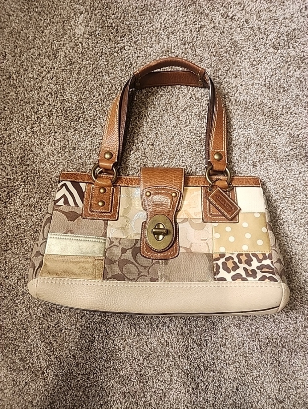 COACH Patchwork Beige & Tan Shoulder Bag - Branded Leather Trim